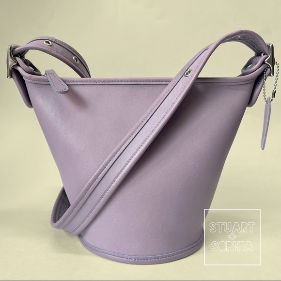 Vintage 90s Y2K Coach Maggie Duffle Bag Small Violet Purple Leather Bucket - Picture 3 of 12